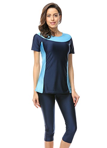 OUO Damen Muslimischen Badeanzug Wetsuit Wassersport Oberteil und Hose-Navyblau-L