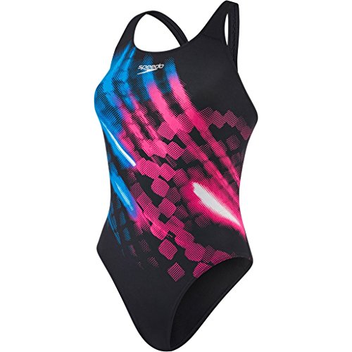 Speedo Damen Ignitor Powerback Badeanzug mit Print Swimwear Ignitor Powerback Badeanzug mit Print, Black/Danube/Electric Pink/White, Gr. 40 (Herstellergröße: 36)